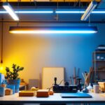 A photograph of a well-lit workspace featuring an 8-foot fluorescent light fixture installed overhead