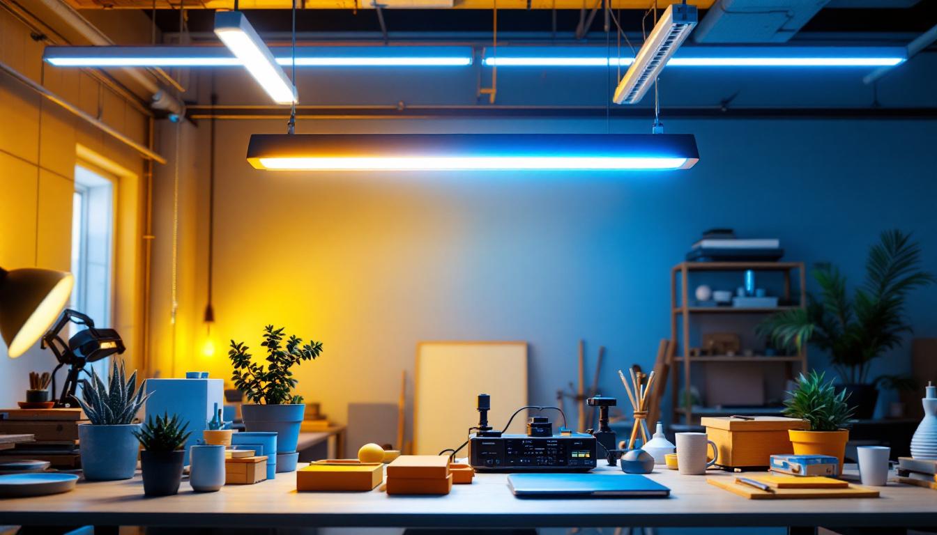 A photograph of a well-lit workspace featuring an 8-foot fluorescent light fixture installed overhead