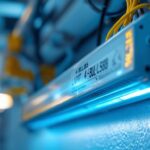 A photograph of a close-up view of a 4-bulb fluorescent light ballast installed in a commercial setting