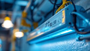 A photograph of a close-up view of a 4-bulb fluorescent light ballast installed in a commercial setting