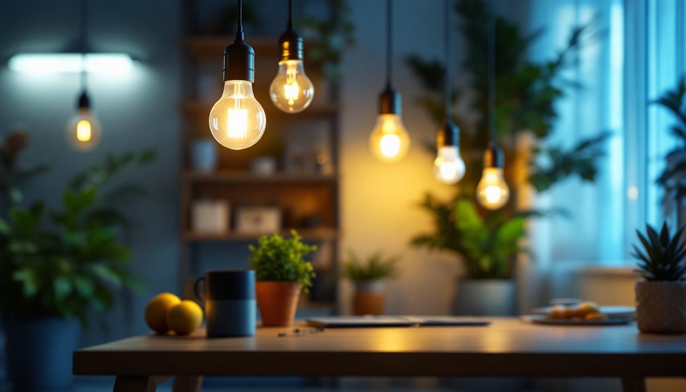 A photograph of capture a photograph of a well-lit modern workspace or living area featuring various t8 led bulbs in use
