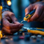 A photograph of a skilled electrician or technician performing a wire splice in an outdoor setting