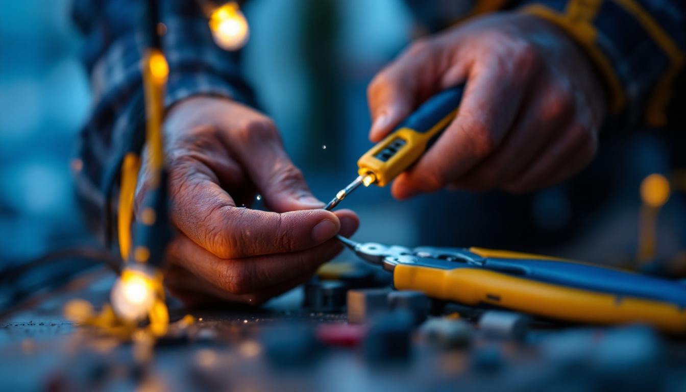 A photograph of a skilled electrician or technician performing a wire splice in an outdoor setting