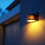 A photograph of a beautifully designed outdoor garage light fixture illuminating a stylish garage entrance at dusk