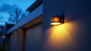 A photograph of a beautifully designed outdoor garage light fixture illuminating a stylish garage entrance at dusk
