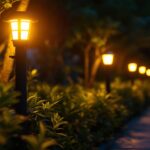 A photograph of a well-lit outdoor scene at dusk featuring a row of flood solar lights illuminating a garden or pathway
