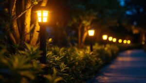 A photograph of a well-lit outdoor scene at dusk featuring a row of flood solar lights illuminating a garden or pathway