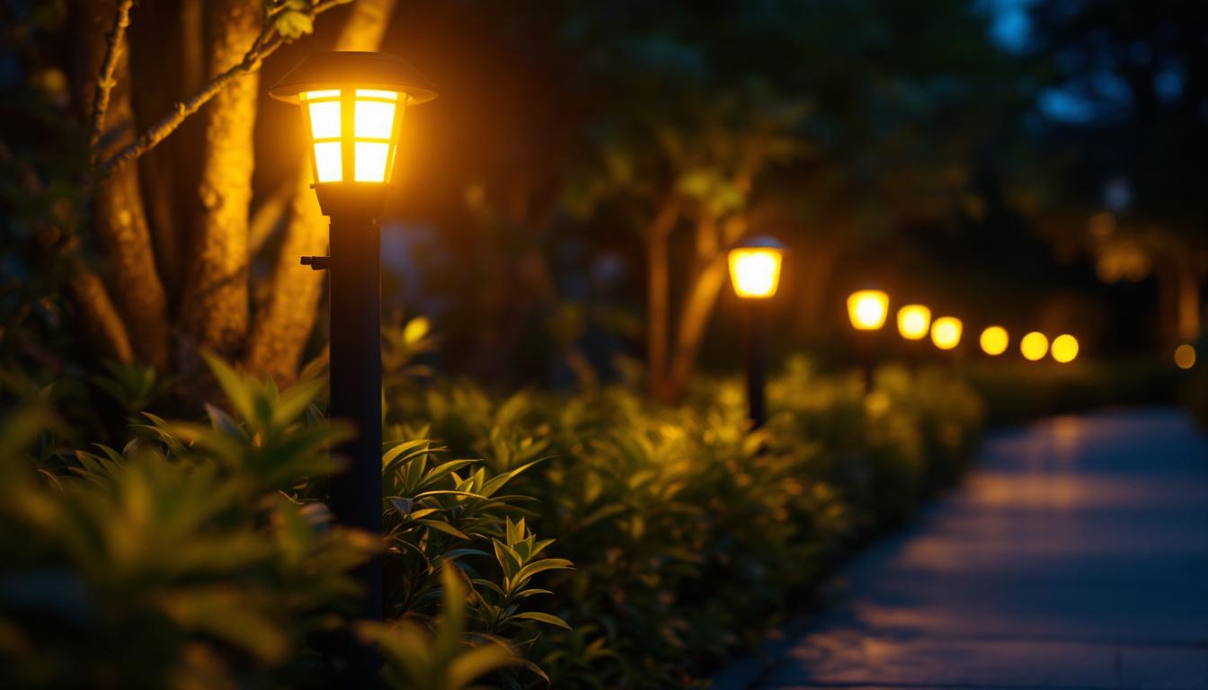 A photograph of a well-lit outdoor scene at dusk featuring a row of flood solar lights illuminating a garden or pathway