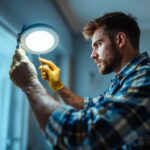 A photograph of a lighting contractor expertly installing pot light rings in a modern home setting
