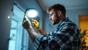 A photograph of a lighting contractor expertly installing pot light rings in a modern home setting