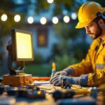 A photograph of a lighting contractor installing a 150-watt led floodlight in an outdoor setting