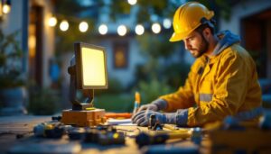 A photograph of a lighting contractor installing a 150-watt led floodlight in an outdoor setting