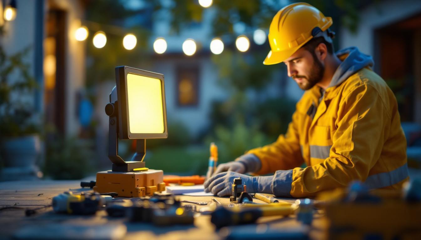 A photograph of a lighting contractor installing a 150-watt led floodlight in an outdoor setting