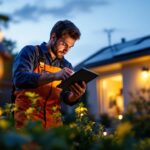 A photograph of a lighting contractor installing solar lights in a residential garden