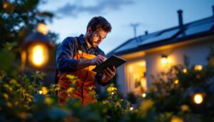 A photograph of a lighting contractor installing solar lights in a residential garden