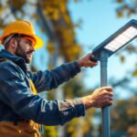 A photograph of a lighting contractor installing a sleek solar pole light in an outdoor setting