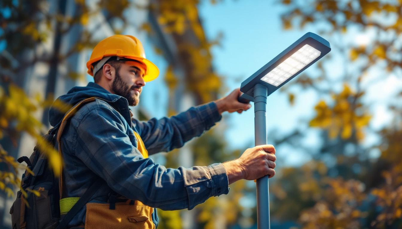 A photograph of a lighting contractor installing a sleek solar pole light in an outdoor setting