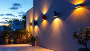 A photograph of a beautifully illuminated exterior wall featuring a variety of stylish lighting fixtures