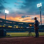 A photograph of a lighting contractor working on a baseball field