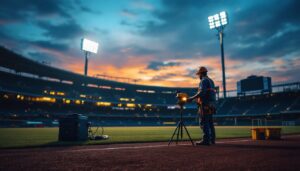 A photograph of a lighting contractor working on a baseball field