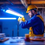 A photograph of a lighting contractor working on a fluorescent lamp installation