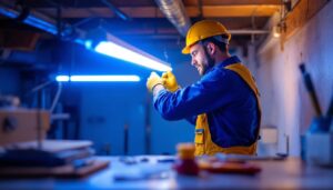 A photograph of a lighting contractor working on a fluorescent lamp installation