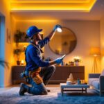 A photograph of a lighting contractor installing recessed led lights in a modern home setting