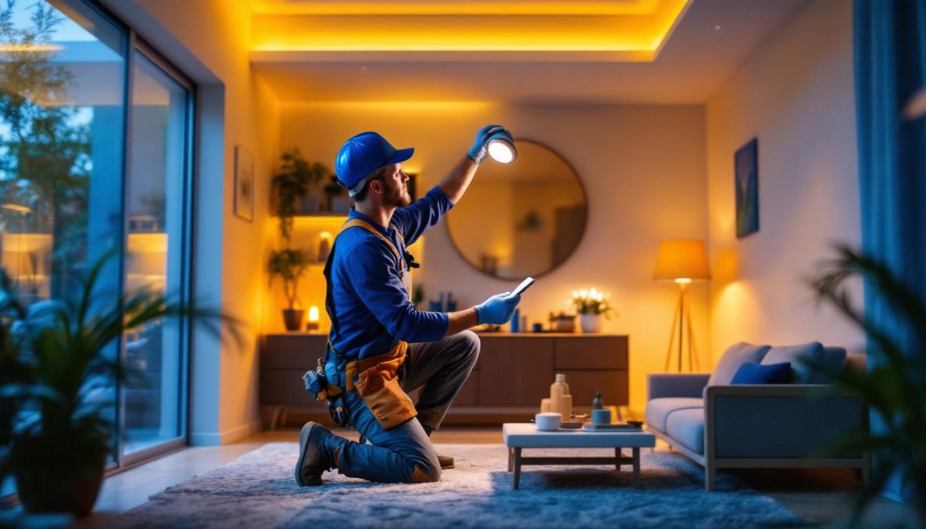 A photograph of a lighting contractor installing recessed led lights in a modern home setting