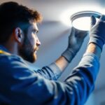 A photograph of a skilled lighting contractor expertly installing a sleek