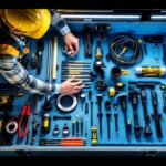 A photograph of a professional lighting contractor examining a well-organized stem extension kit