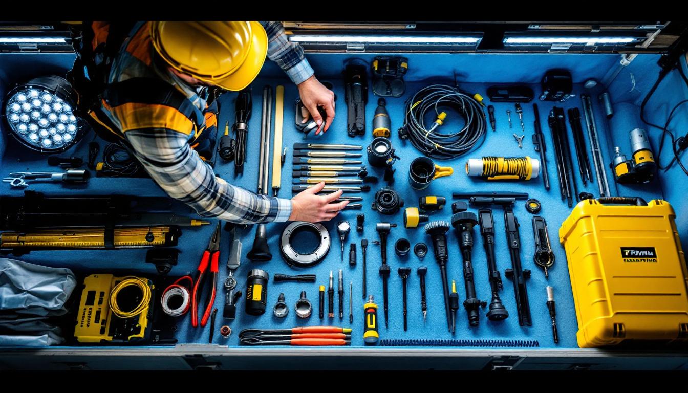 A photograph of a professional lighting contractor examining a well-organized stem extension kit