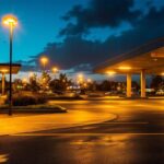 A photograph of a modern parking lot illuminated by bright led lights at dusk