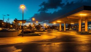 A photograph of a modern parking lot illuminated by bright led lights at dusk