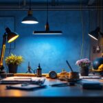 A photograph of capture a photograph of a well-lit industrial workspace featuring heavy-duty extension cords elegantly integrated into modern lighting solutions