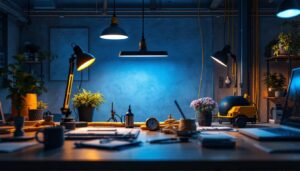 A photograph of capture a photograph of a well-lit industrial workspace featuring heavy-duty extension cords elegantly integrated into modern lighting solutions