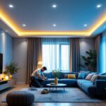 A photograph of a modern living space featuring recessed ceiling led lights