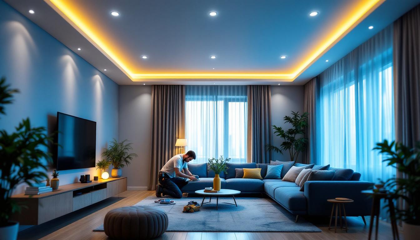 A photograph of a modern living space featuring recessed ceiling led lights
