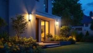 A photograph of a well-lit outdoor space featuring motion sensor led lights in action