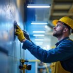 A photograph of a lighting contractor installing a t8 led retrofit in a commercial setting
