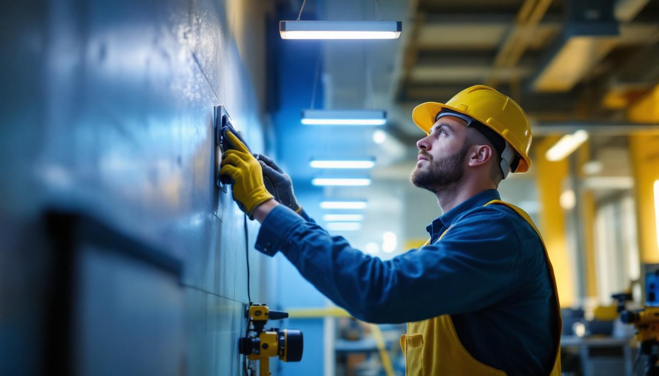 A photograph of a lighting contractor installing a t8 led retrofit in a commercial setting