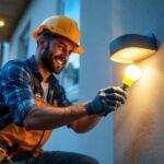 A photograph of a lighting contractor efficiently installing an address light bulb in a residential setting