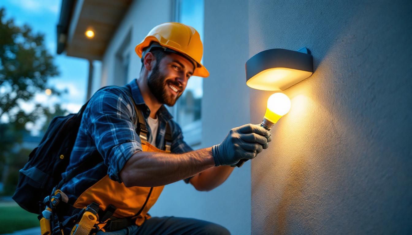 A photograph of a lighting contractor efficiently installing an address light bulb in a residential setting