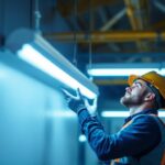 A photograph of a well-lit workspace featuring a t8 fluorescent light fixture in action