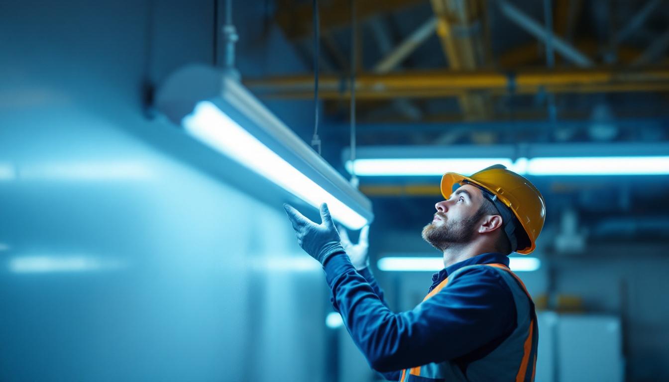 A photograph of a well-lit workspace featuring a t8 fluorescent light fixture in action