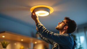 A photograph of a skilled lighting contractor installing a stylish ceiling inset light fixture in a modern home