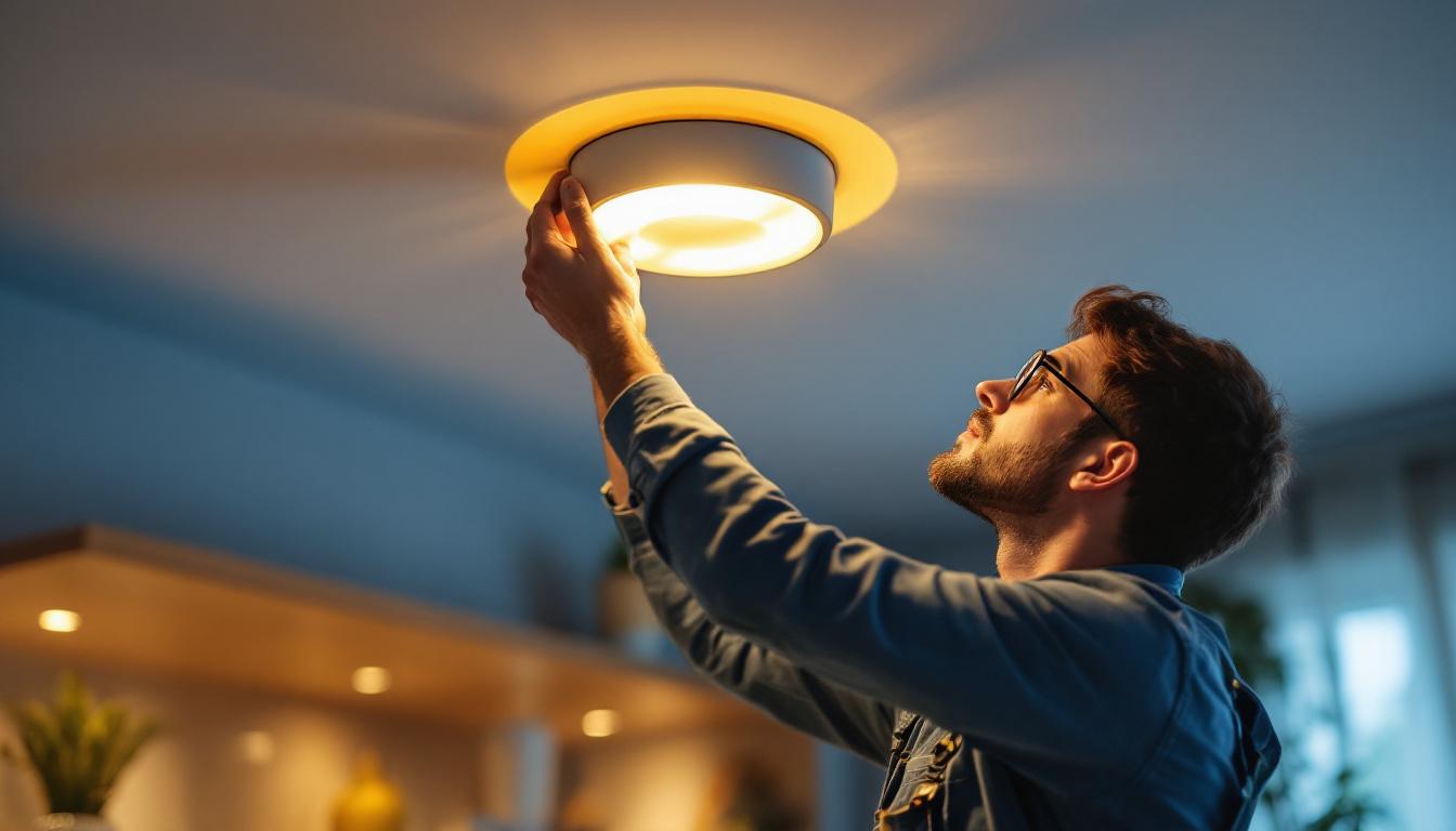 A photograph of a skilled lighting contractor installing a stylish ceiling inset light fixture in a modern home