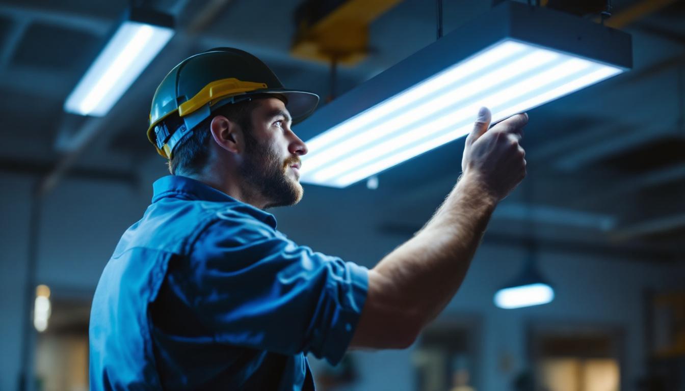 A photograph of a lighting contractor expertly installing a 4 ft led fixture in a commercial space
