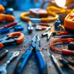 A photograph of a well-organized electrician's tool set laid out on a workbench