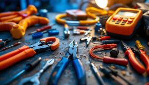 A photograph of a well-organized electrician's tool set laid out on a workbench