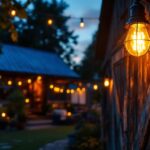 A photograph of a beautifully designed vintage outdoor barn light illuminating a rustic barn setting at dusk